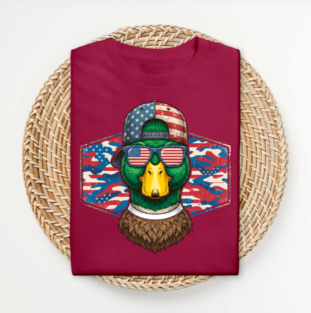 Patriotic duck hunting shirt laid flat, full view