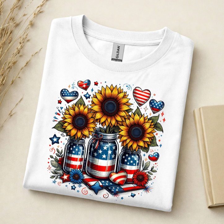 White t-shirt with sunflower and American flag design