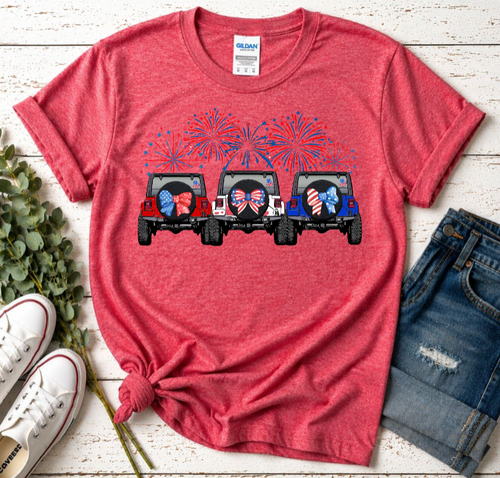 Red t-shirt with graphic of three Jeeps and fireworks 