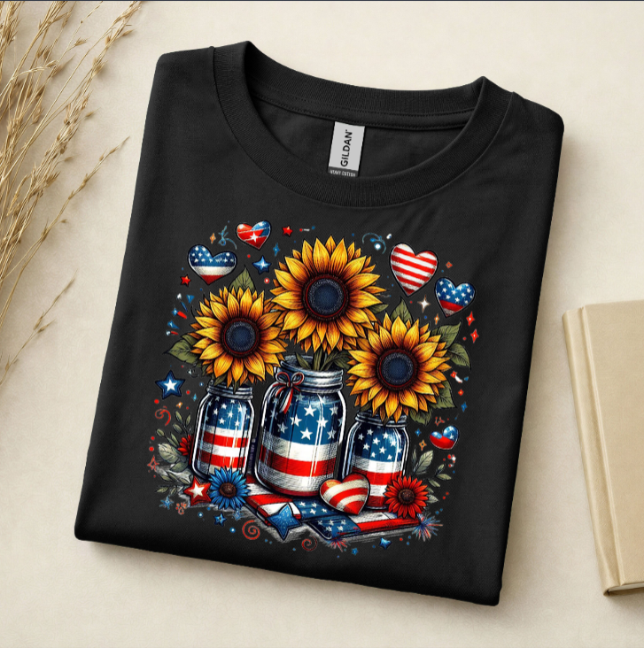 Black t-shirt with sunflower and American flag design 