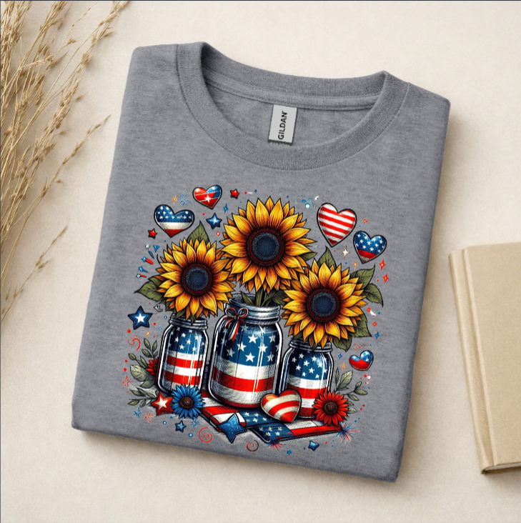 Gray t-shirt with sunflower and American flag design
