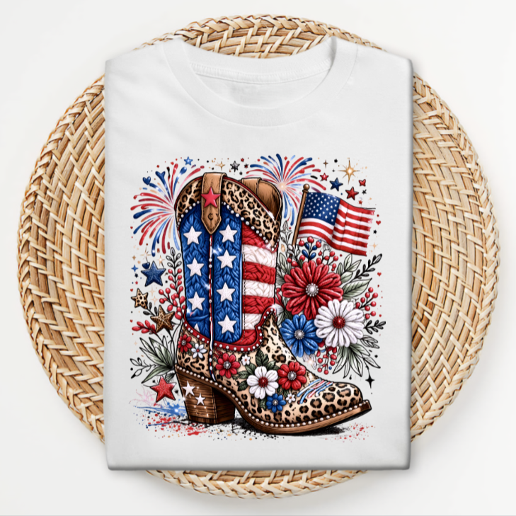 White t-shirt with American flag and boot design