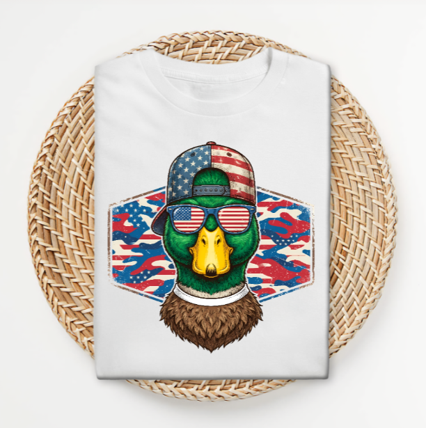 Patriotic duck hunting t-shirt with American flag graphic, front view
