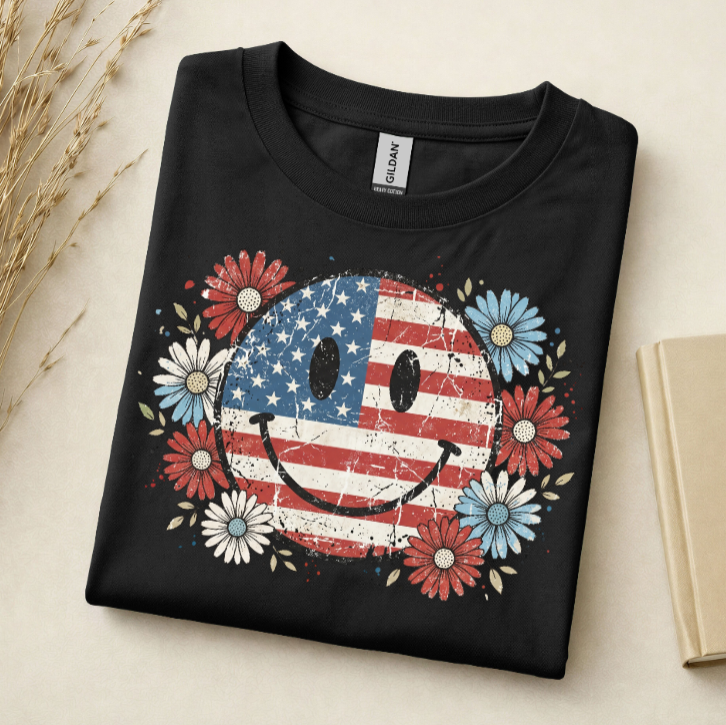 Patriotic smiley face 4th of July t-shirt with red white and blue daisies